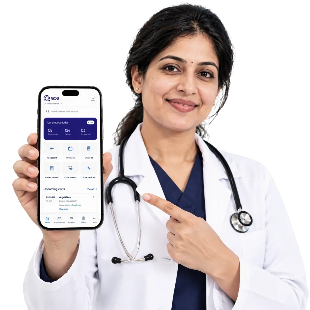 A doctor showing the Qurocare QOS app on a phone